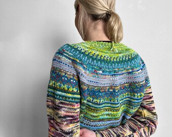 Handmade knitted bright and colourful green tie-dyed Merino wool Icelandic style sweater