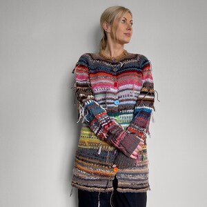 Handmade knitted bright and colourful Merino wool and Alpaca wool striped rainbow cardigan with buttons zdjęcie 4