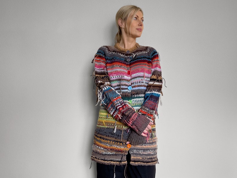 Handmade knitted bright and colourful Merino wool and Alpaca wool striped rainbow cardigan with buttons image 4