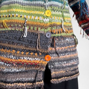 Handmade knitted bright and colourful Merino wool and Alpaca wool striped rainbow cardigan with buttons zdjęcie 5