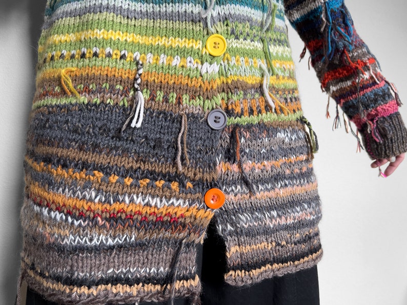 Handmade knitted bright and colourful Merino wool and Alpaca wool striped rainbow cardigan with buttons zdjęcie 5