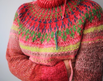 Handgestrickter Wollpullover: Isländisch Fair Isle Style, helles Muster