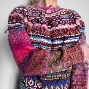 Handmade knitted Icelandic style Fair Isle pink and blue Merino wool and KidMohair sweater image 3