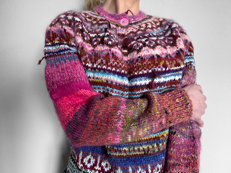 Handmade knitted Icelandic style Fair Isle pink and blue Merino wool and KidMohair sweater image 3