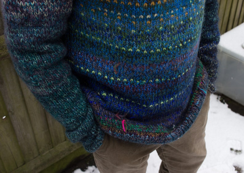 Handmade knitted deep blue Icelandic style natural Merino wool men sweater with bright pattern