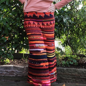 Handmade crochet bright red, orange and deep brown long maxi skirt