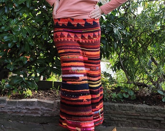 Handmade crochet bright red, orange and deep brown long maxi skirt