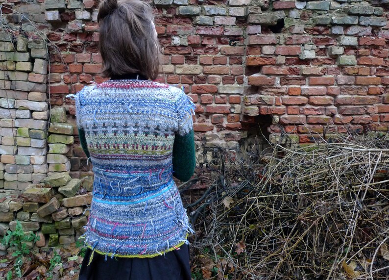 Handmade grey striped wool cardigan with green sleeves and buttons