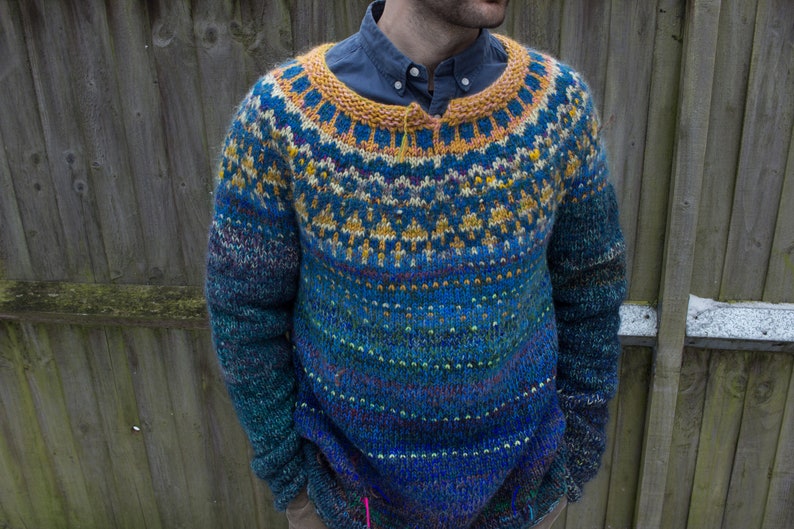 Handmade knitted deep blue Icelandic style natural Merino wool men sweater with bright pattern