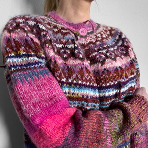 Handmade knitted Icelandic style Fair Isle pink and blue Merino wool and KidMohair sweater image 4