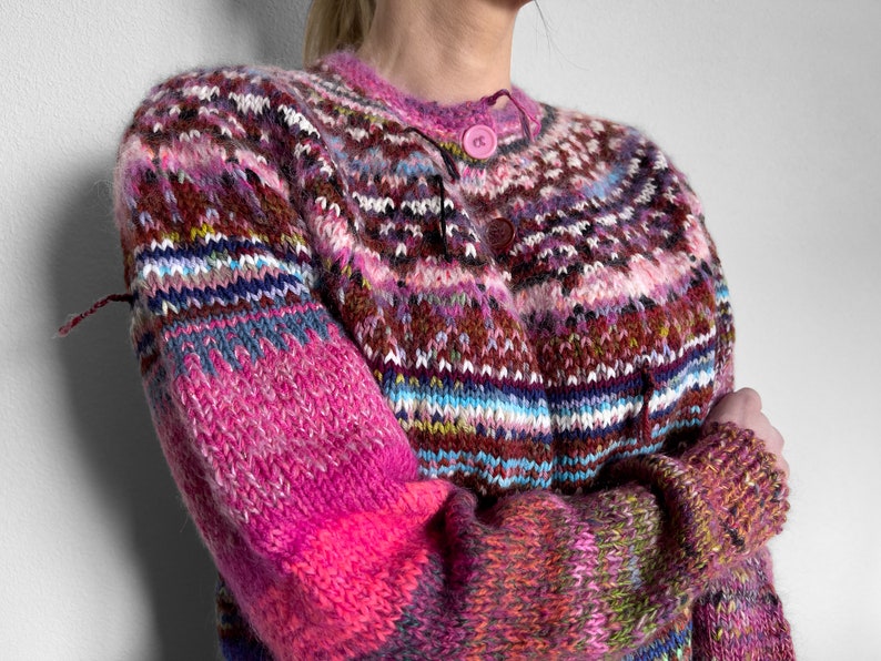 Handmade knitted Icelandic style Fair Isle pink and blue Merino wool and KidMohair sweater image 4