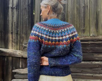 Handmade knitted Merino wool and KidMohair Icelandic style Fair Isle sweater in dark blue