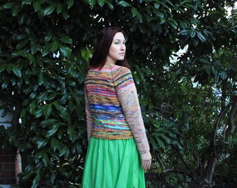 Handmade knitted bright and colourful striped soft tie-dyed Merino wool cardigan