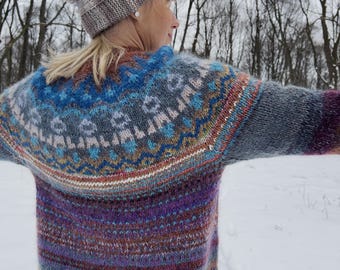 Handmade knitted Kid Mohair wool Icelandic style Fair Isle winter jumper in light blue, purple and terracotta stripes
