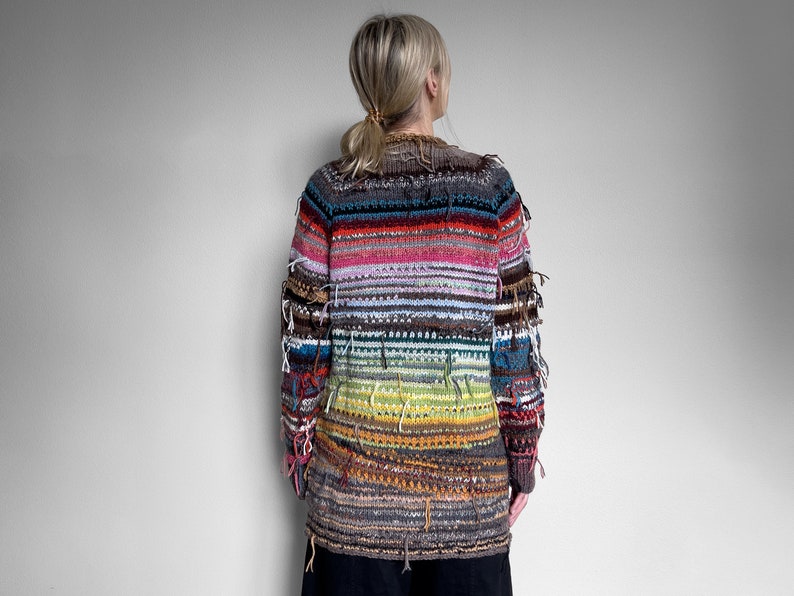 Handmade knitted bright and colourful Merino wool and Alpaca wool striped rainbow cardigan with buttons zdjęcie 8