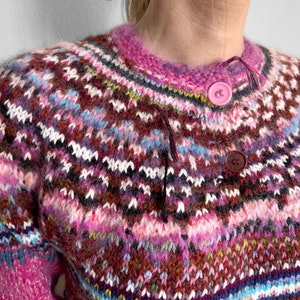 Handmade knitted Icelandic style Fair Isle pink and blue Merino wool and KidMohair sweater image 8