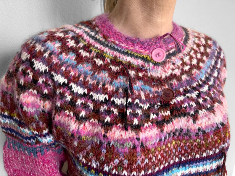 Handmade knitted Icelandic style Fair Isle pink and blue Merino wool and KidMohair sweater image 8