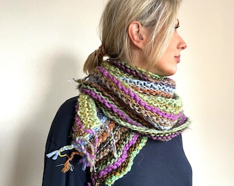 Handmade knitted mixed wool colourful striped scarf