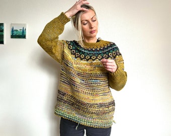 Handmade knitted Icelandic style Merino wool Fair Isle sweater in mustard yellow with blue Icelandic pattern