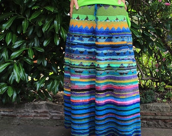 Handmade crochet bright blue and green striped maxi long skirt