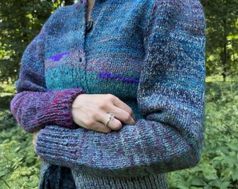 Handmade knitted deep blue and purple mixed wool cardigan
