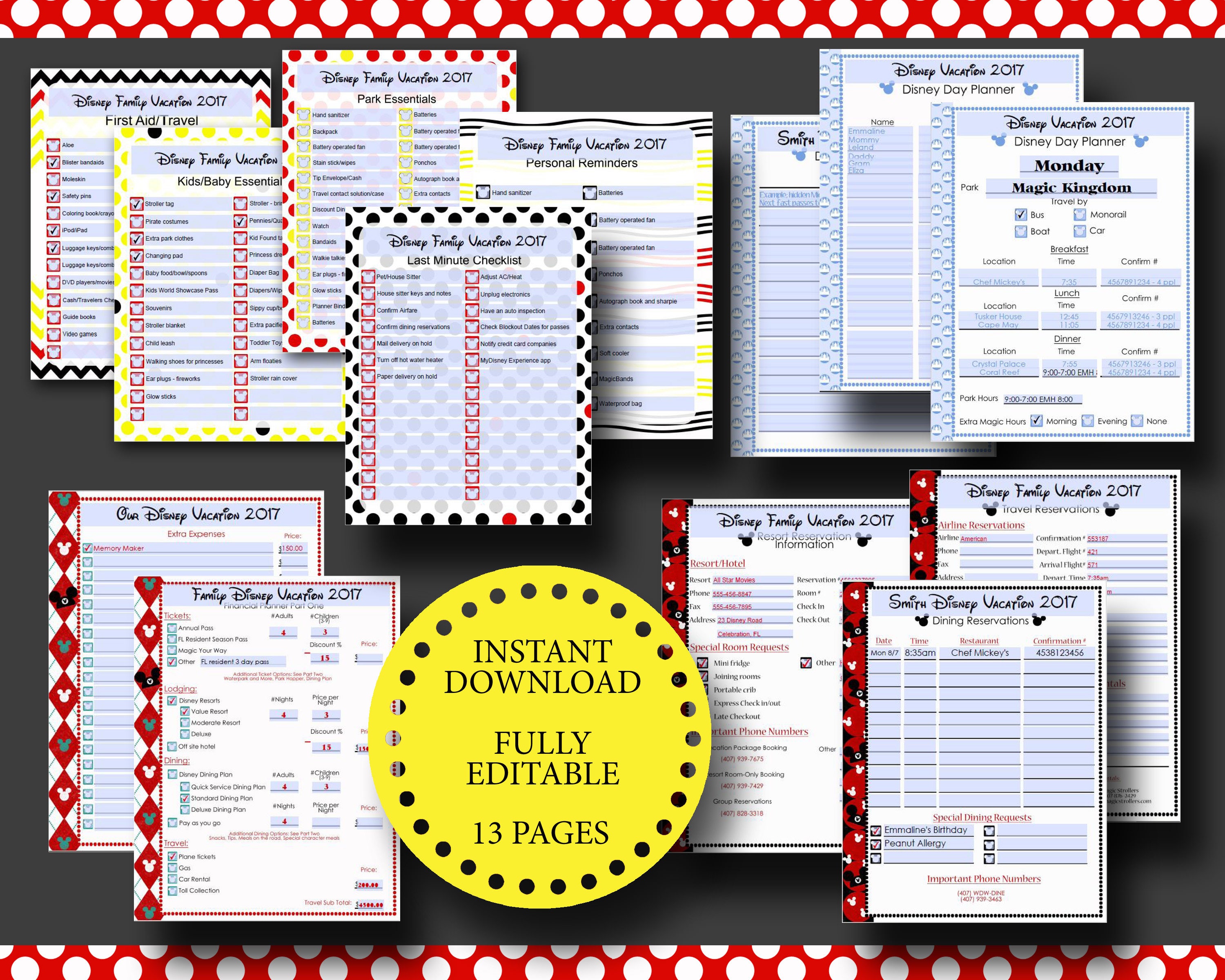 Disney World Disneyland Vacation Planner Kit Editable 