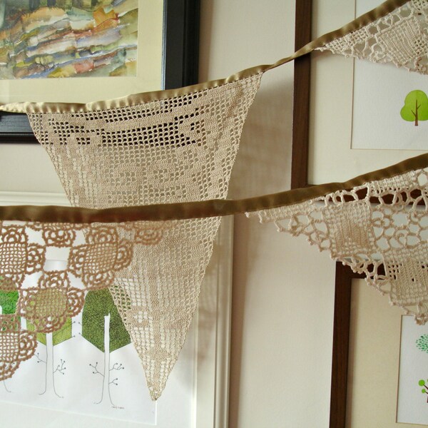 Bruiloft Garland, Beige Garland, Kerstmis Garland, ecovriendelijke Banner, met Handcrocheted Vintage veters