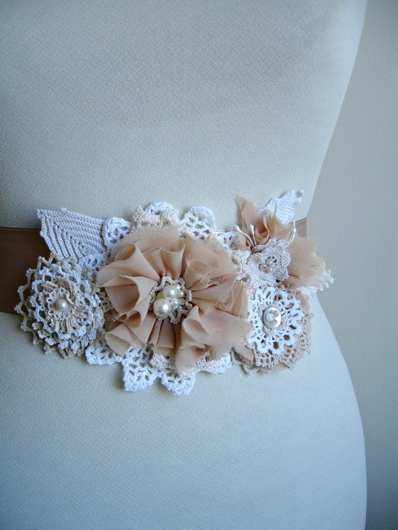 Items similar to Bridal Sash, Cummerbund ,Handmade With Handcrocheted Vintage Doilies and Laces
