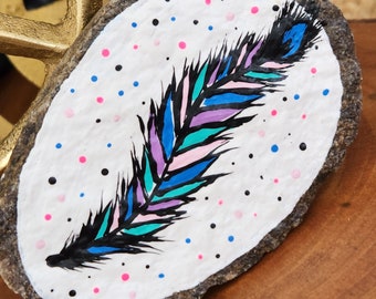 Painted Beach Rock - Feather - Hand Painted