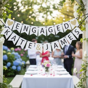 Personalized Engagement Banner – White & Glitter Gold, Custom Name Banner – Engagement Party Decorations