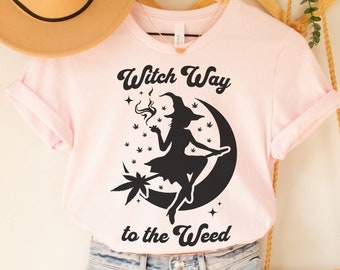 Camisa de hierba de Halloween Witch Way to the Weed Camisa de Halloween para mujer 420 Ropa Linda camiseta de cannabis Stoner Regalo para ella Witchcore Plus Size