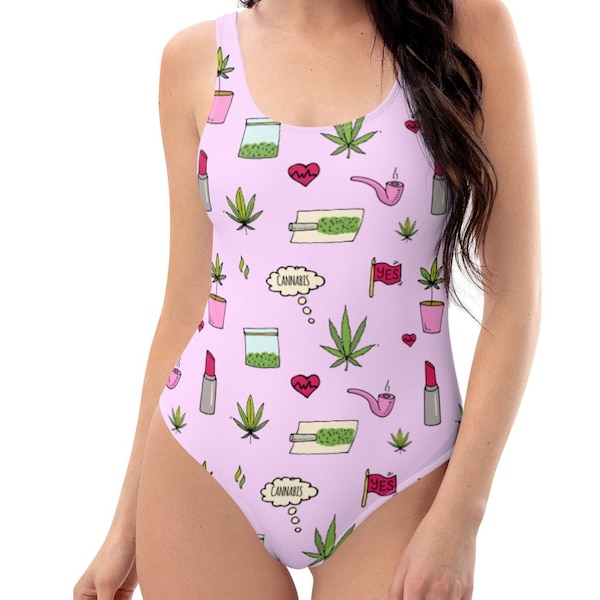 Maillot de bain mignon Weed - Cannabis Doodles - maillot de bain une pièce de marijuana, maillot de bain 420, body stoner, débardeur rose girly, cadeau de surf amateur de pot