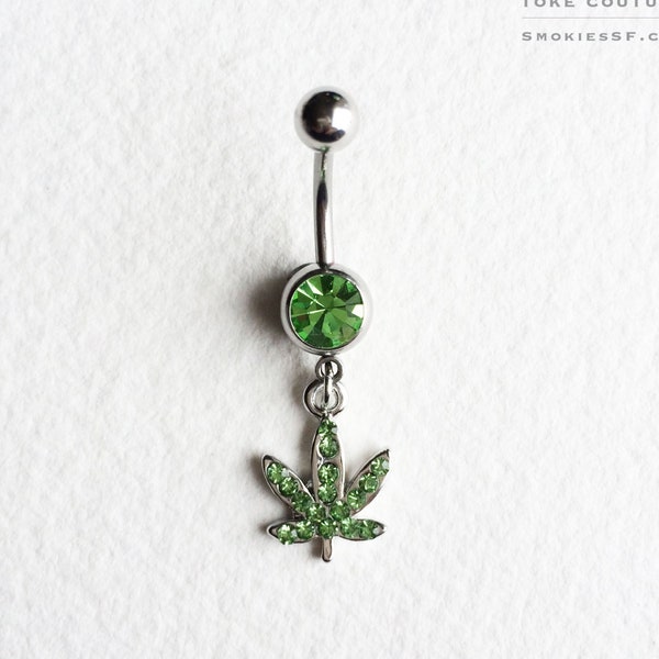 Green Cute Marijuana Leaf Belly Ring - Belly Button Jewelry crystal rhinestone 14 gauge surgical steel navel body jewelry dainty delicate