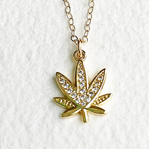 Weed Necklace CZ - dainty 14K gold fill cannabis necklace, gold filled marijuana necklace, 420 jewelry, stoner gift her, minimalist jewelry