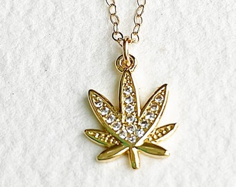 Weed Necklace CZ - dainty 14K gold fill cannabis necklace, gold filled marijuana necklace, 420 jewelry, stoner gift her, minimalist jewelry