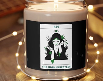 Stoner Gift Women - 420 High Priestess Tarot Card - Weed Candle 9 oz Soy in Jar, Cute Christmas Gift Her, Witchy Self Care Cannabis Decor