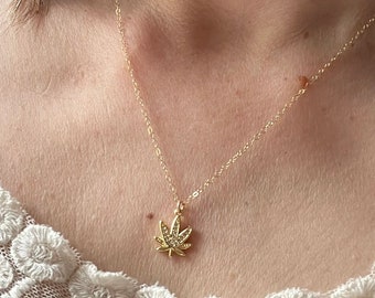 Weed Necklace CZ - dainty 14K gold fill cannabis necklace, gold filled marijuana necklace, 420 jewelry, stoner gift her, minimalist jewelry