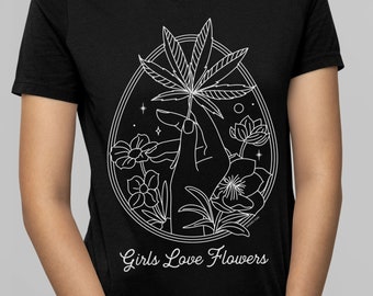Girls Love Flowers - buds cute minimalist weed shirt women, gardening girly cannabis stoner tee, pastels modern 420 line art gift marijuana