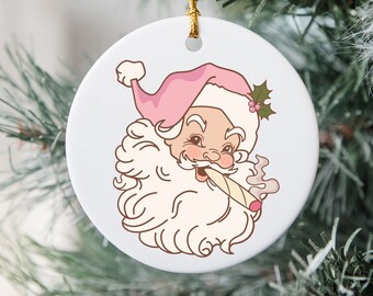 Cute Weed Christmas Ornament Retro Pink Santa Ornament with Blunt Stoner Christmas Gift Cannabis Holiday Gift Women Marijuana 420 Decoration