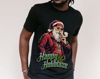 Stoner Christmas Shirt Happy Holiblaze Gansta Santa with Blunt Cannabis Holiday Sweater Funny Weed Shirt 420 Stoner Gift Hip Hop Bling