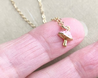 Tiny Mushroom Necklace - dainty necklace, mushroom gift, delicate 14K gold fill pink enamel, gold filled, minimalist jewelry, stoner gift