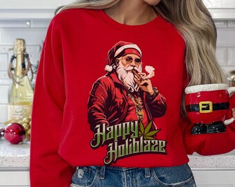 Stoner Christmas Sweatshirt Happy Holiblaze Gansta Santa with Blunt Cannabis Holiday Sweater Funny Weed Hoodie 420 Stoner Gift Hip Hop Bling