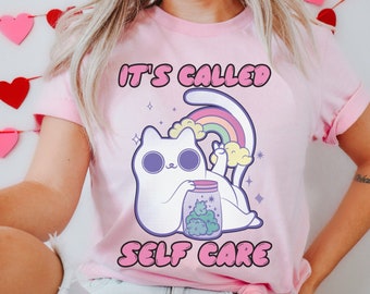 Cute Weed Shirt It's Called Self Care Funny Cat Lover Shirt Kawaii Cat Rainbow Tee Stoner Girl Aesthetic Shirt  Cat Mama Gift 420 Plus Size