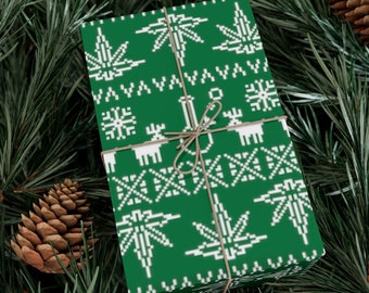 Christmas Weed Wrapping Paper Ugly Christmas Sweater Funny Wrapping Paper Stoner Gift Wrap Scandinavian Reindeer Bong Pot Leaf Green