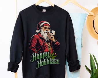 Stoner Christmas Sweatshirt Happy Holiblaze Gansta Santa with Blunt Cannabis Holiday Sweater Funny Weed Hoodie 420 Stoner Gift Hip Hop Bling