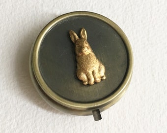 Rabbit Pill Box Gold Bronze - rabbit pill case, vintage pill case cute, bunny pillbox for purse, Rabbit Lover Gift, small pill holder