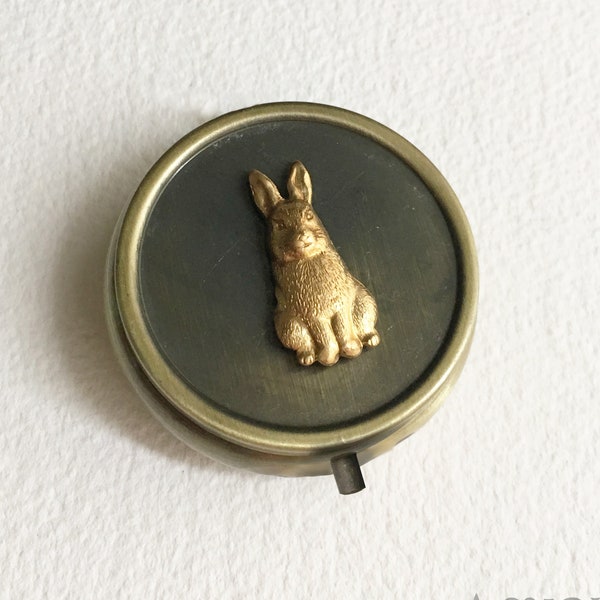 Rabbit Pill Box Gold Bronze - vintage pill case, cute bunny pillbox for purse, Alice in Wonderland Gift, weed stash tin pill holder cannabis