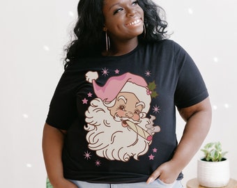 Stoner Christmas Shirt Retro Pink Santa Shirt Funny Weed Gift Pink Christmas PJs Cute Girly Weed 420 Stoner Gift for Her Plus Size Cannabis