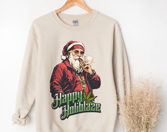 Stoner Christmas Sweatshirt Happy Holiblaze Gansta Santa with Blunt Cannabis Holiday Sweater Funny Weed Hoodie 420 Stoner Gift Hip Hop Bling