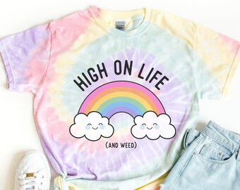 Cute Weed Shirt for Women High on Life and Weed Kawaii Rainbow Tie Dye Shirt Stoner Shirt Y2K Aesthetic Clothing Hippie Pothead Gift for Mom